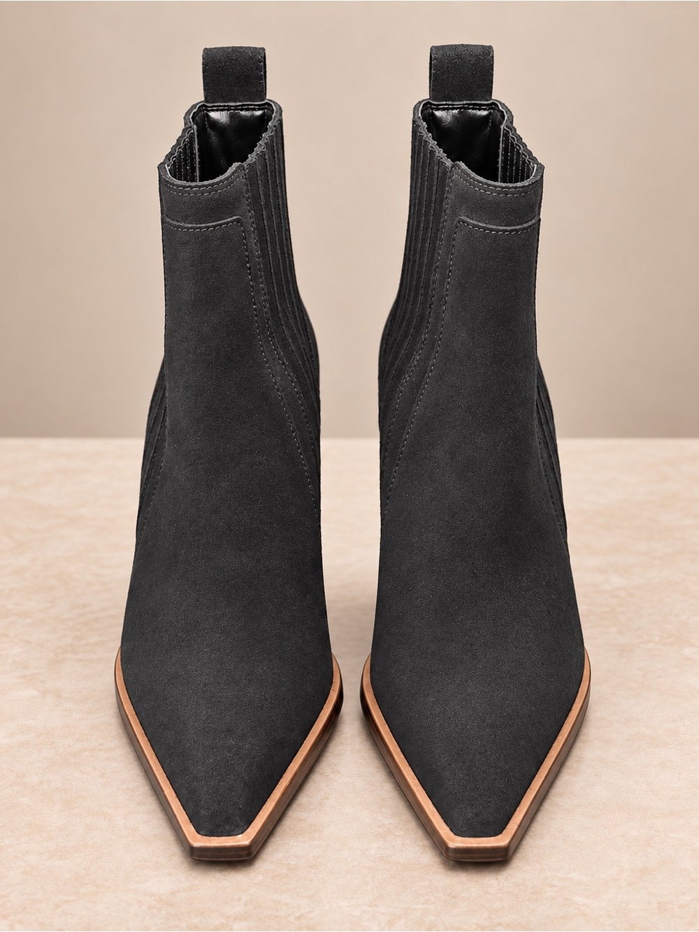 Black Suede Pointed Chelsea Booties with Contrast Welt